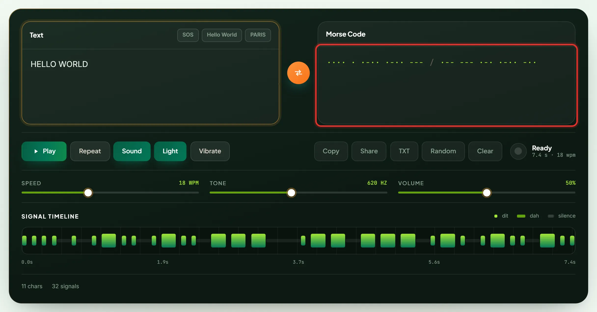 Morse code translator converting the text HELLO WORLD into International Morse code
