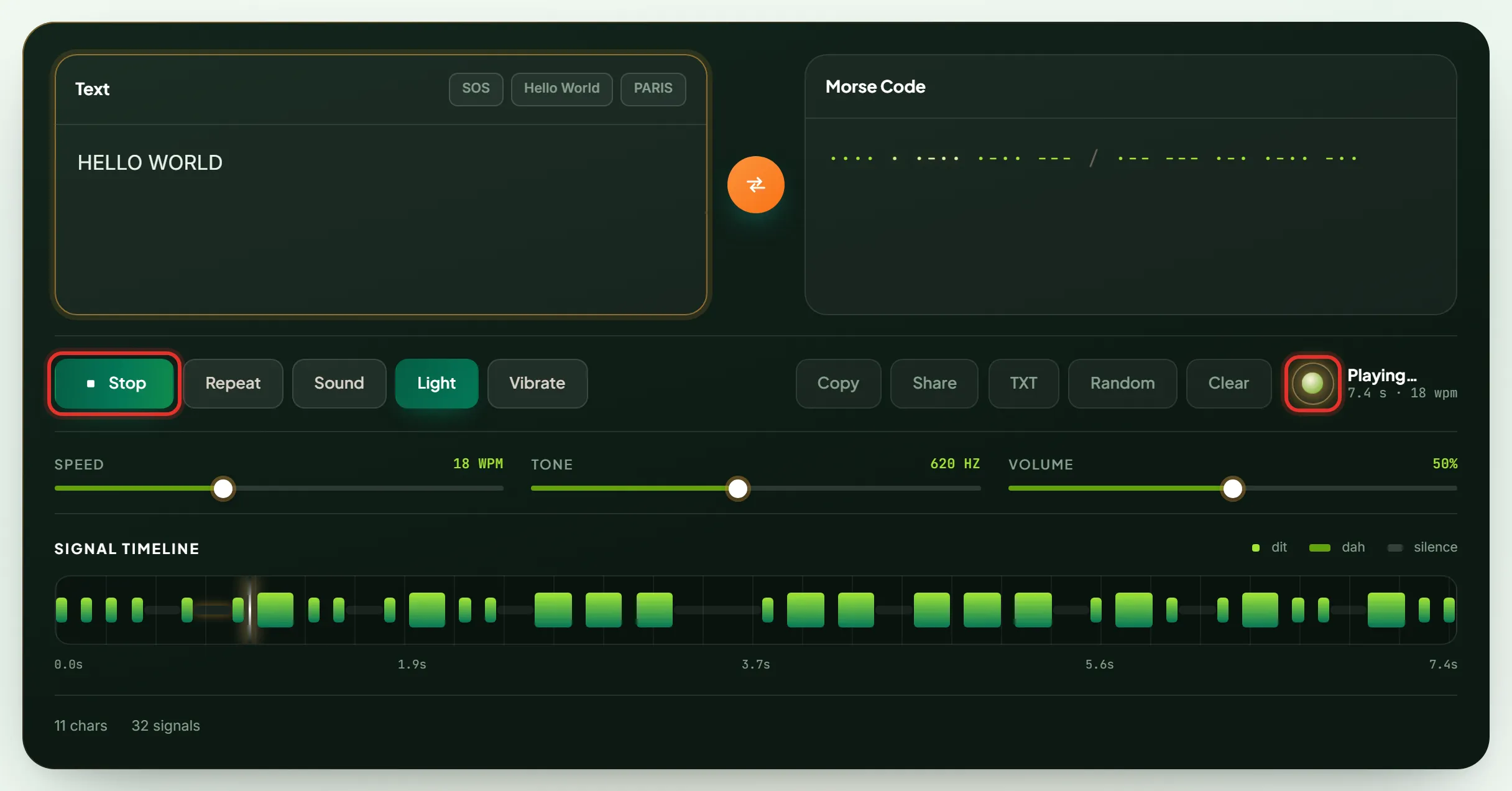Morse code translator playing audio, with the Stop button active and the beacon lamp lit