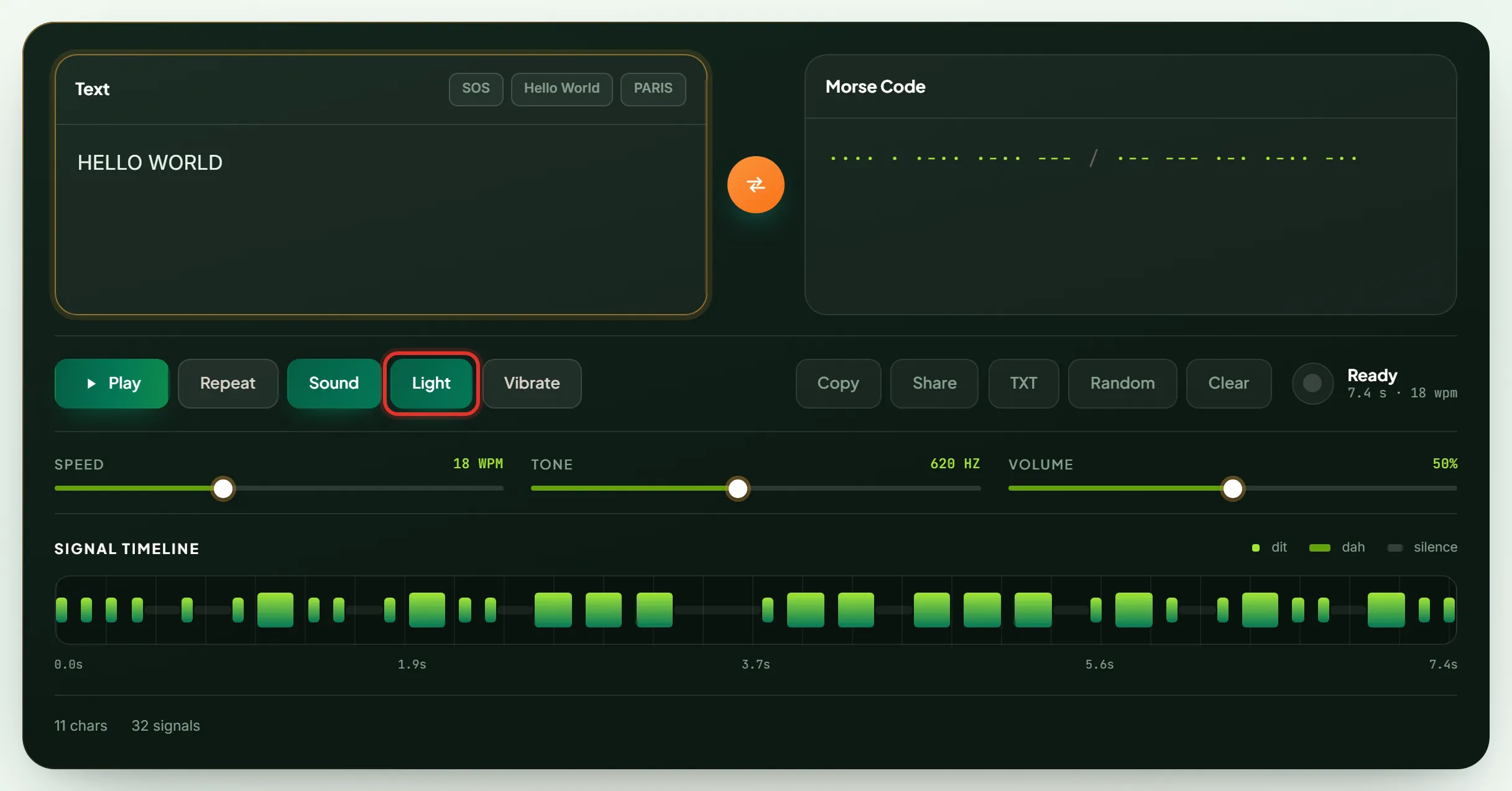 Light button enabled on the Morse code translator for visual flash playback