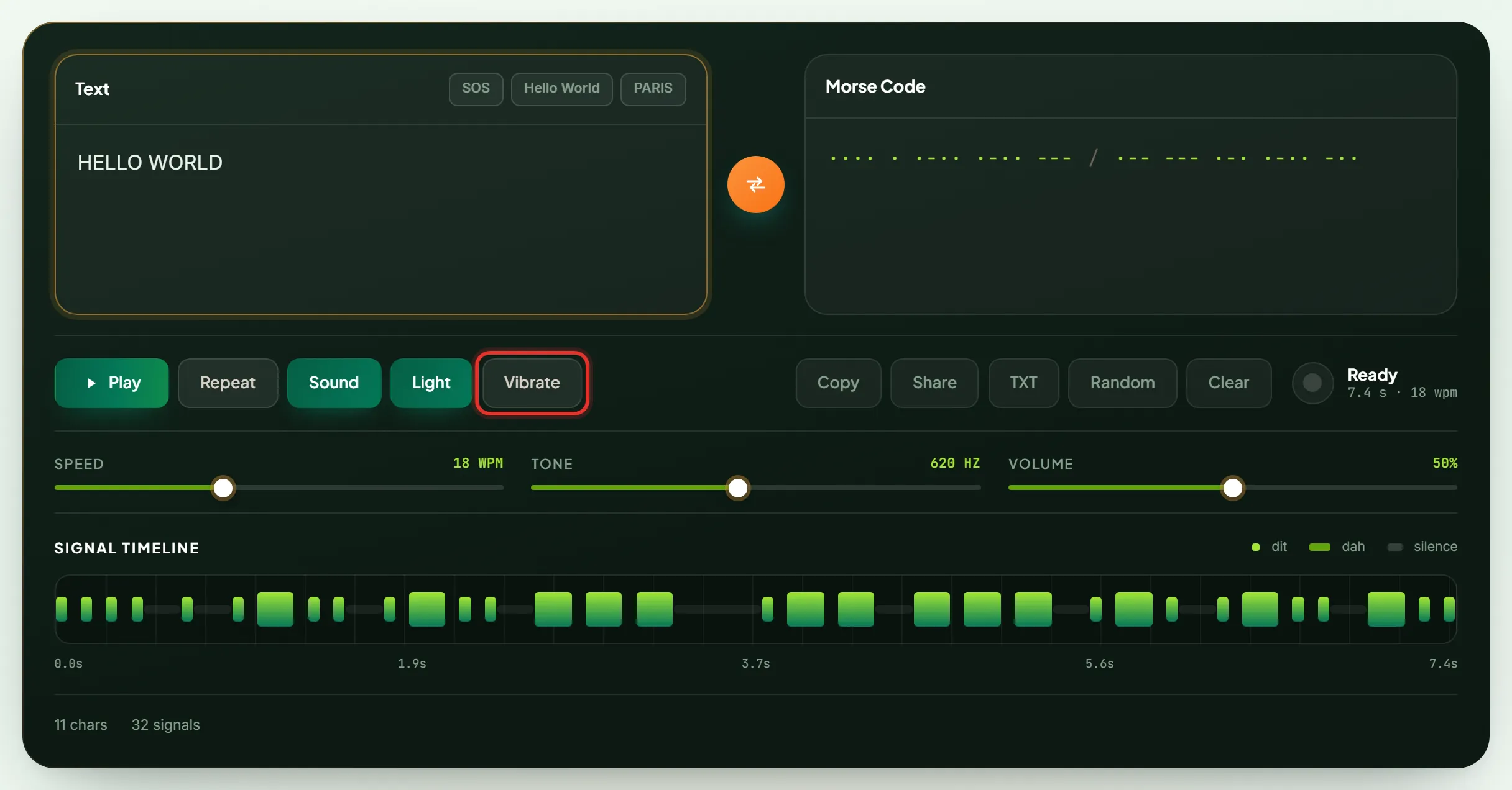 Vibrate button enabled on the Morse code translator for haptic output