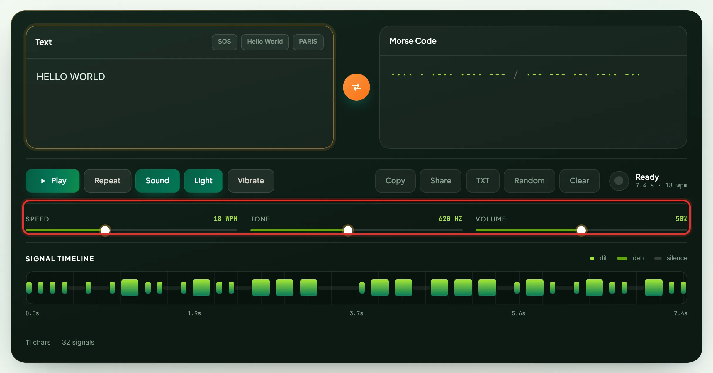 Speed, tone and volume dials on the Morse code translator sound configuration
